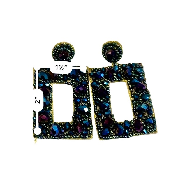 Iridescent Blue Rhinestone Dangle Earrings Large Rectangular Blue Drop Statement - Picture 4 of 4
